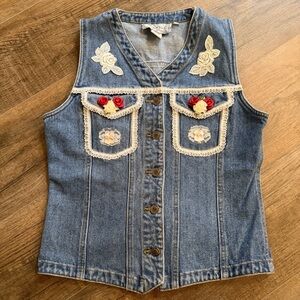 Chazzz By Charles Ghailian Women M Denim Jean Vest Jacket Blue Floral Lace Roses